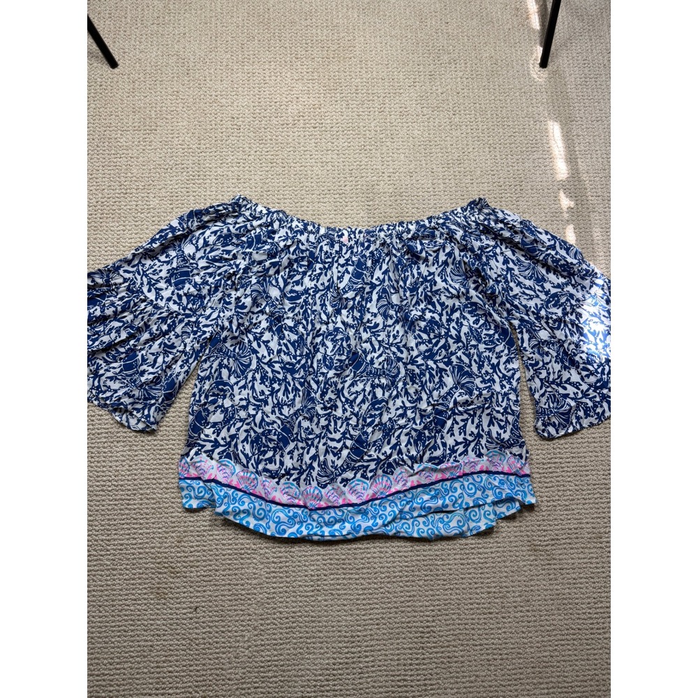 Lilly Pulitzer XL Blue White Off Shoulder Ruffle Bell Sleeve Top Blouse 001623